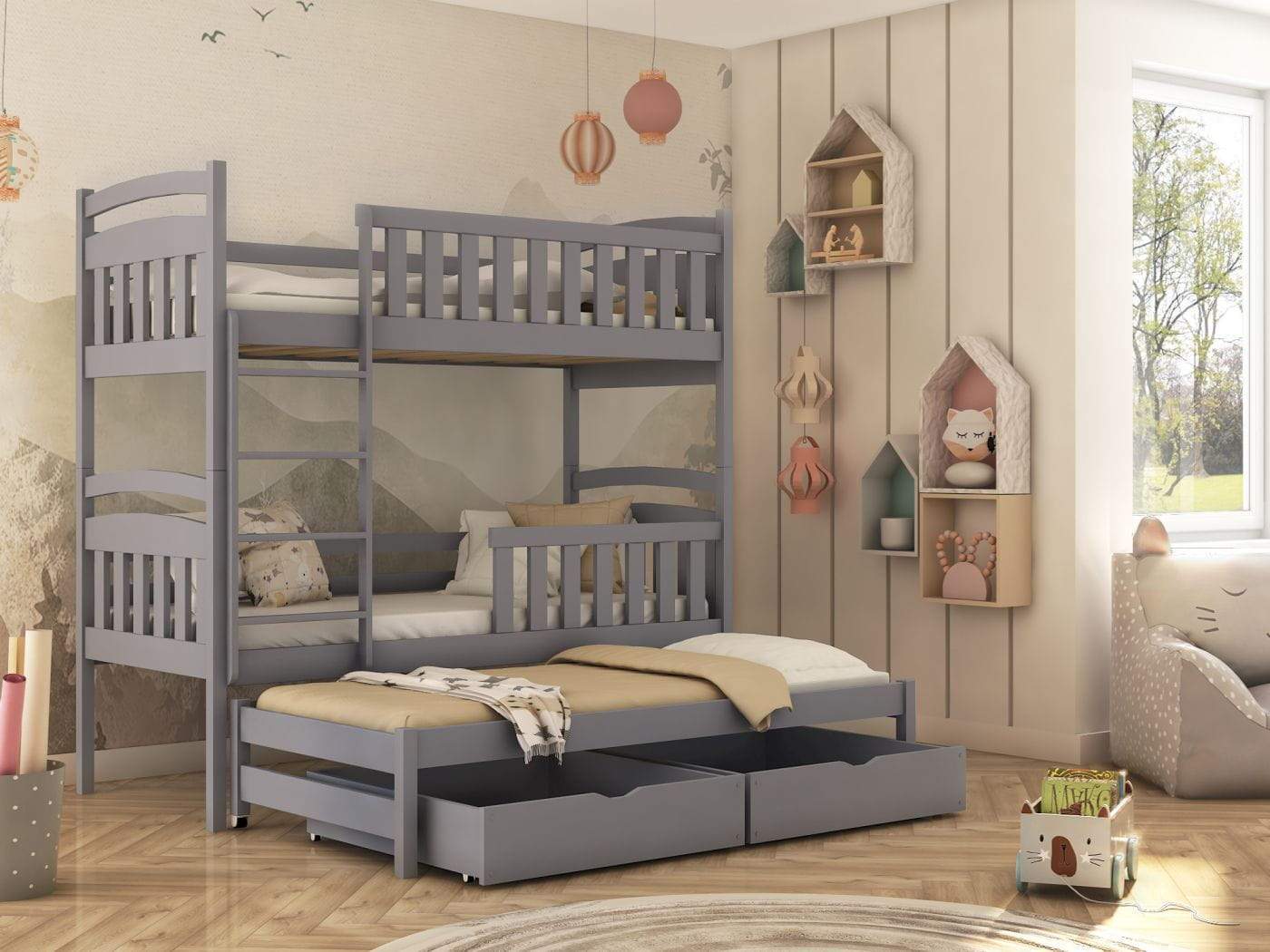 Wooden Bunk Bed Viki with Trundle and Storage