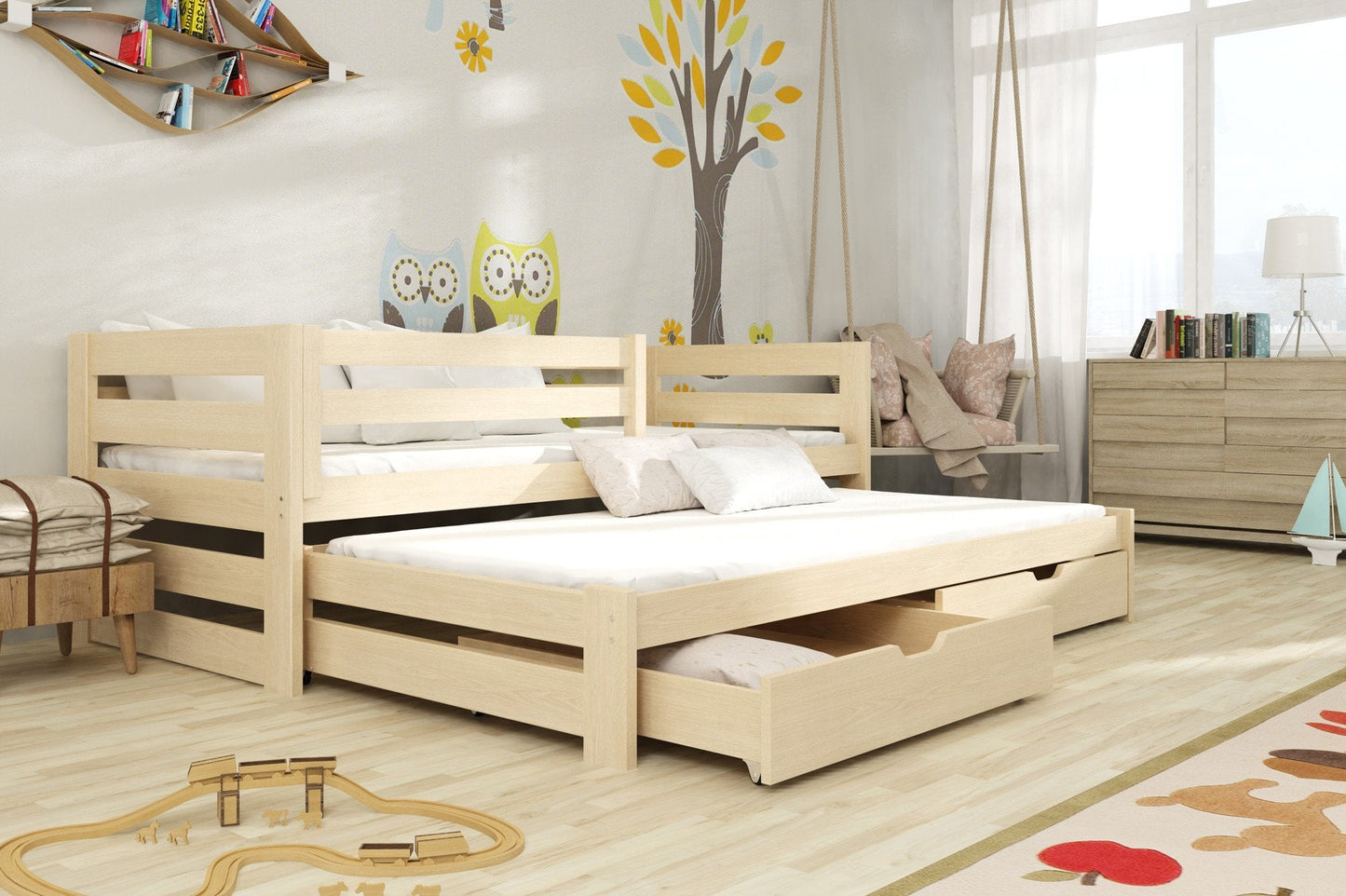 Wooden Double Bed Kubus with Trundle and Storage