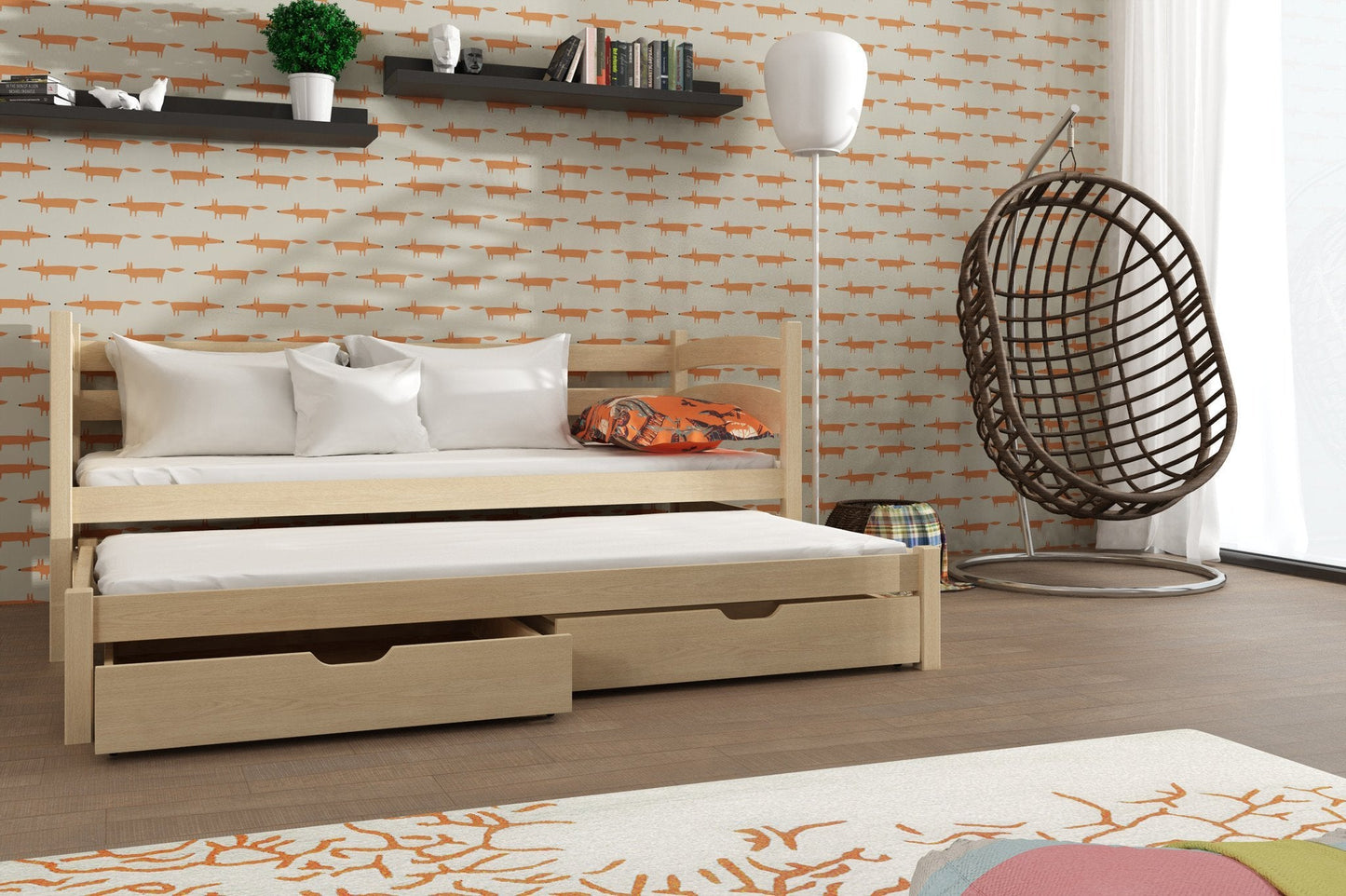 Wooden Double Bed Tosia with Trundle and Storage