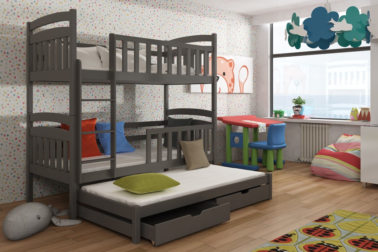 Wooden Bunk Bed Viki with Trundle and Storage