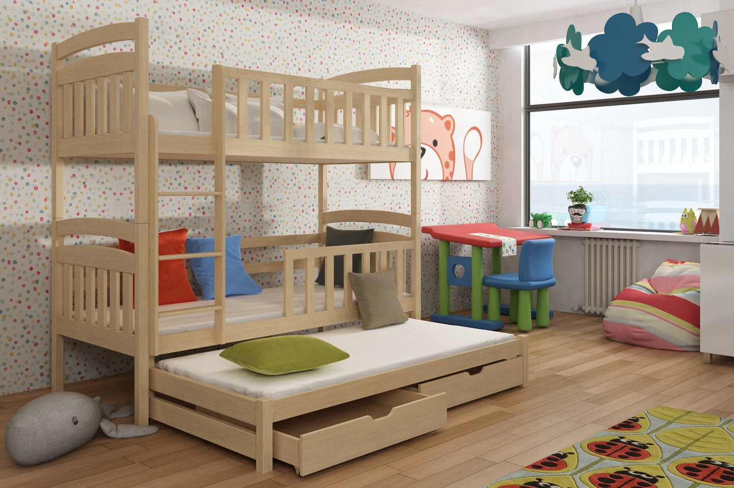 Wooden Bunk Bed Viki with Trundle and Storage