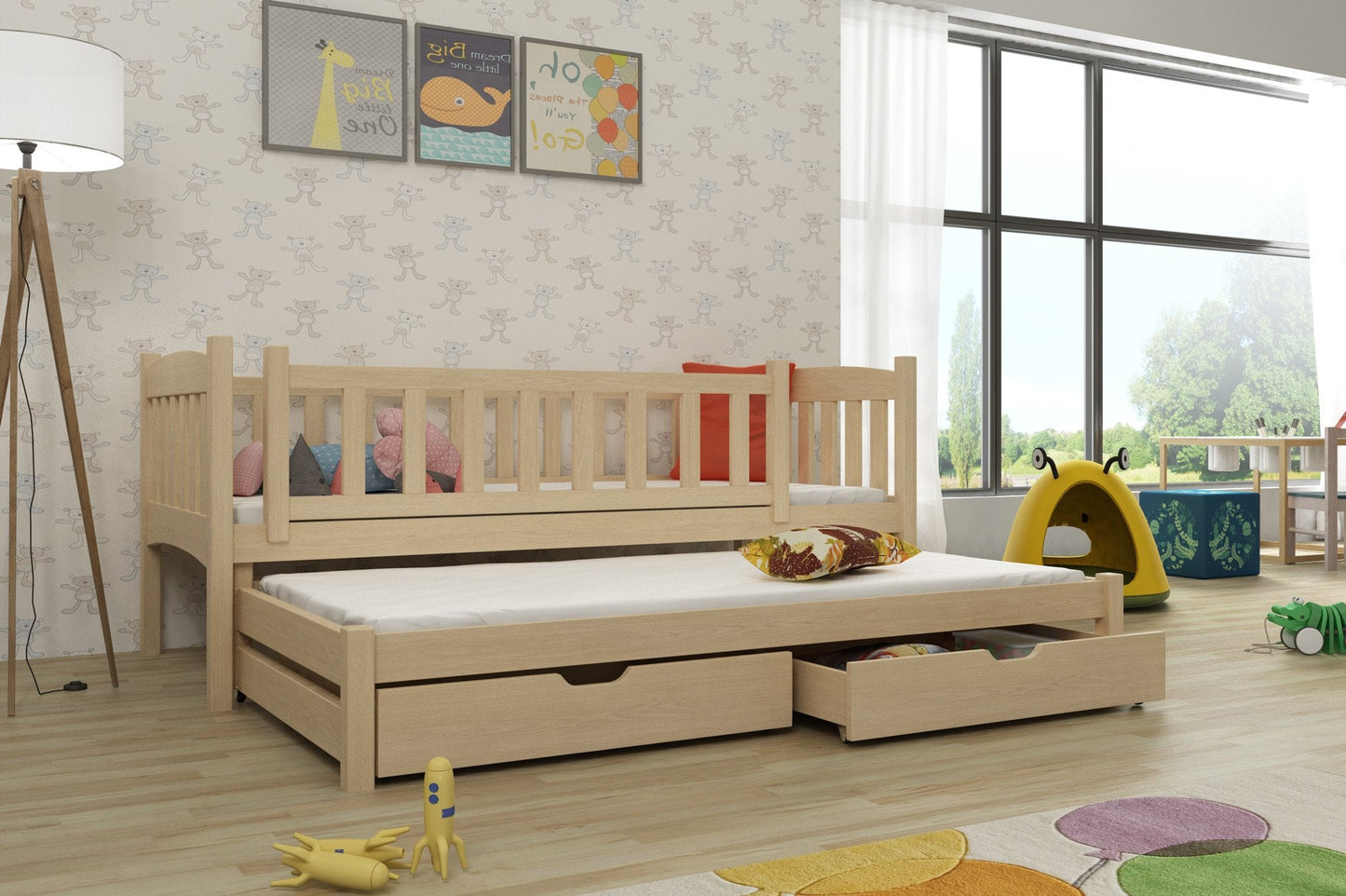 Wooden Double Bed Amelka with Trundle and Storage