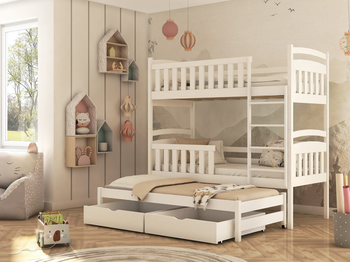 Wooden Bunk Bed Viki with Trundle and Storage