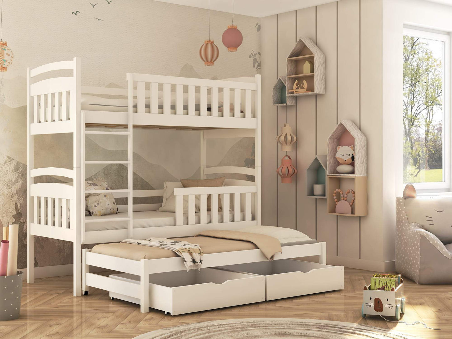 Wooden Bunk Bed Viki with Trundle and Storage