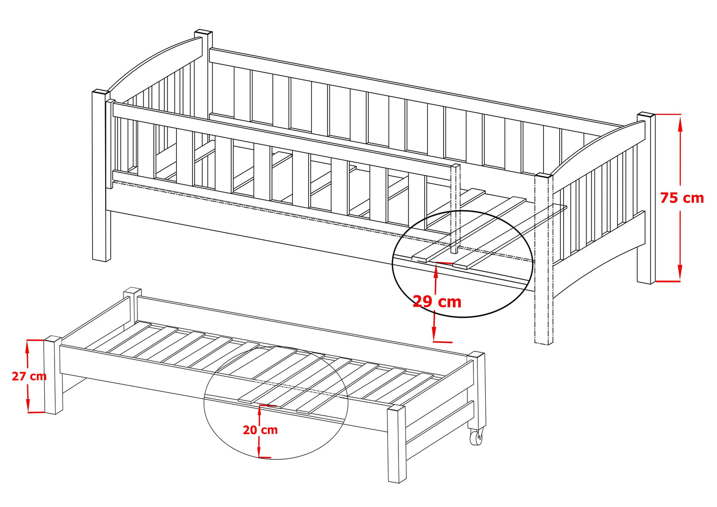 Wooden Double Bed Amelka with Trundle and Storage