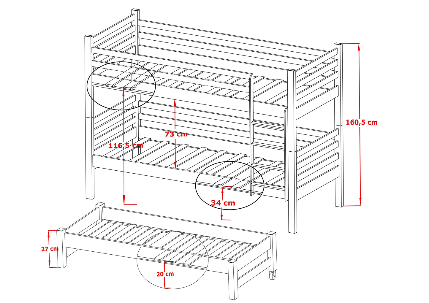 Wooden Bunk Bed Tomi with Trundle and Storage