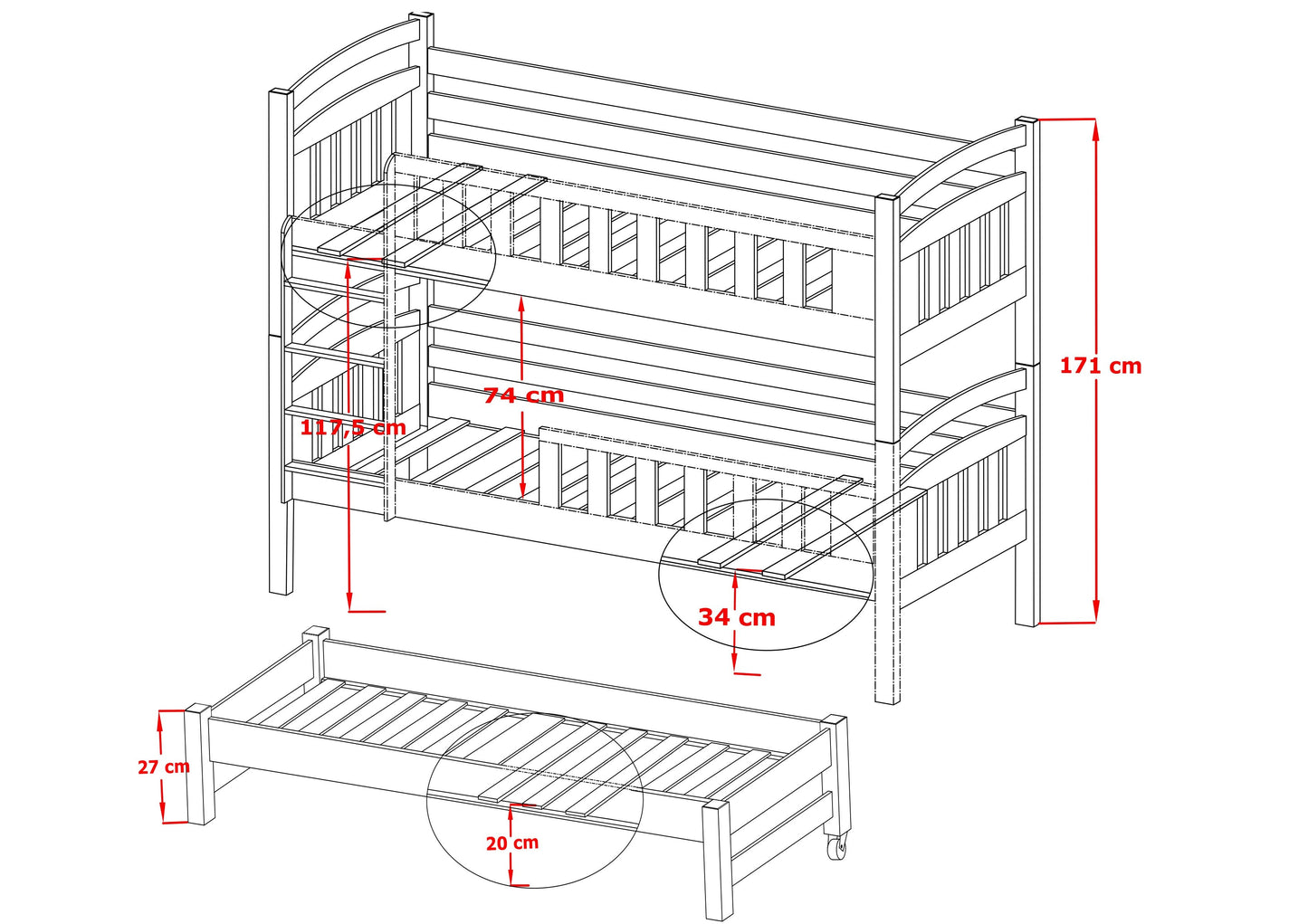 Wooden Bunk Bed Viki with Trundle and Storage