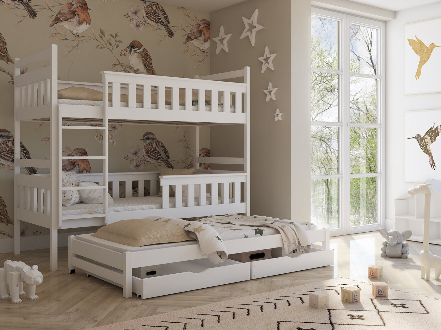 Wooden Bunk Bed Kors with Trundle and Storage