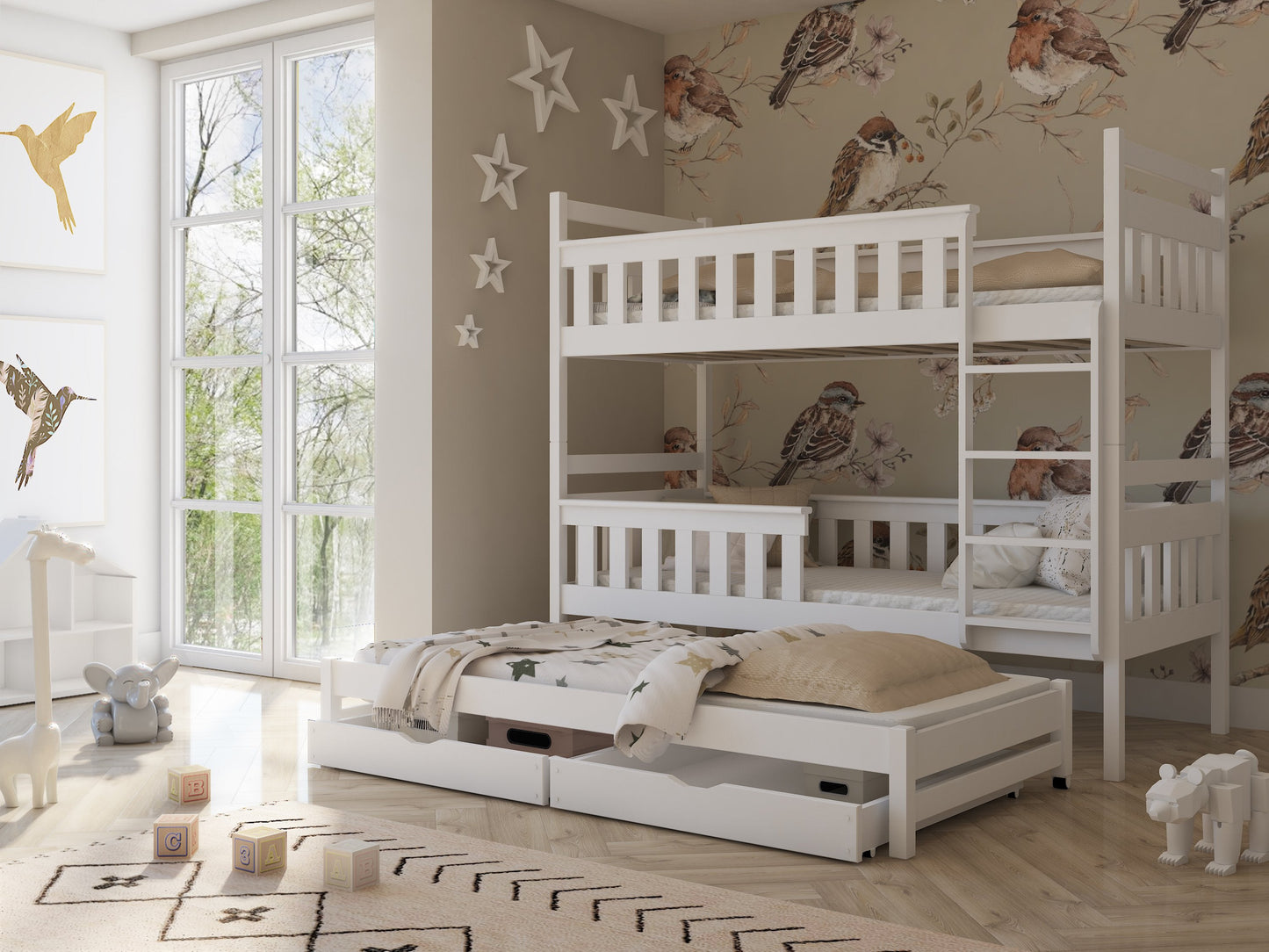 Wooden Bunk Bed Kors with Trundle and Storage