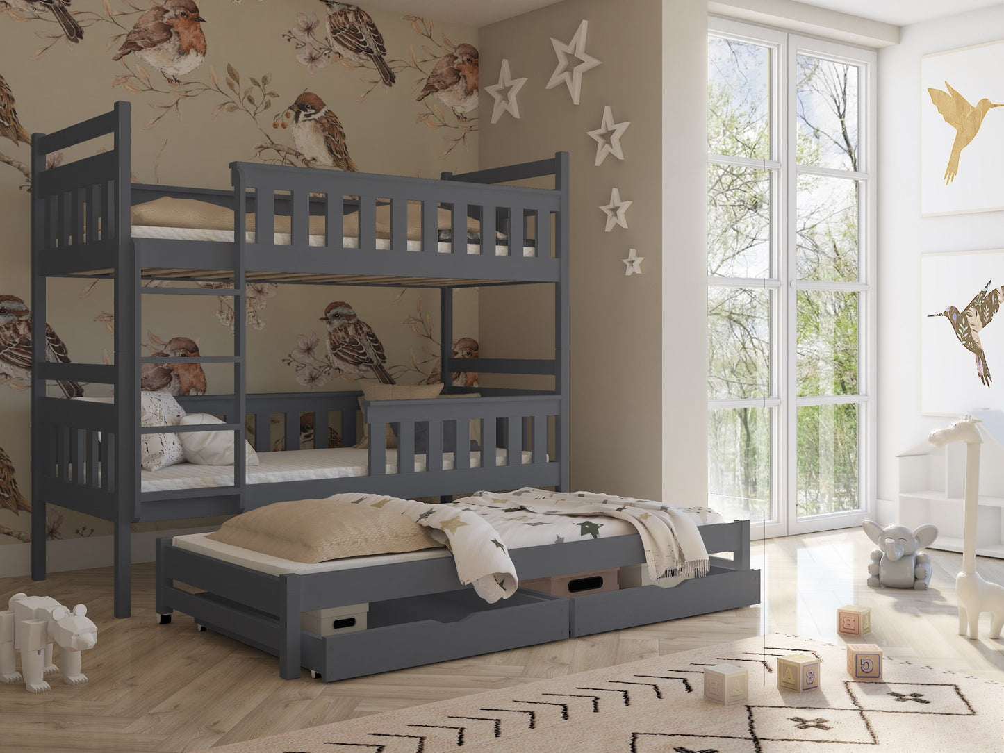 Wooden Bunk Bed Kors with Trundle and Storage