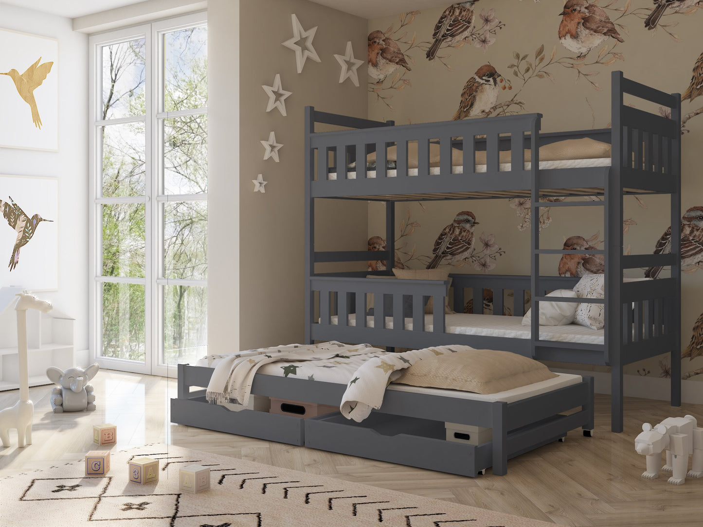 Wooden Bunk Bed Kors with Trundle and Storage