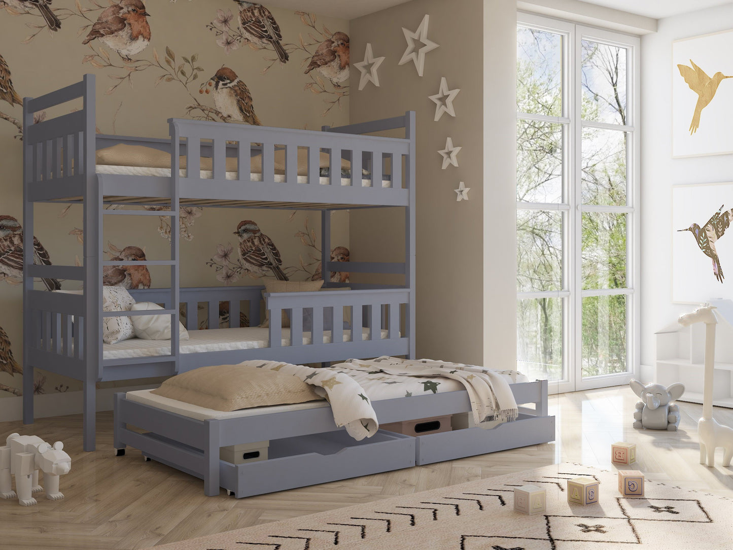 Wooden Bunk Bed Kors with Trundle and Storage