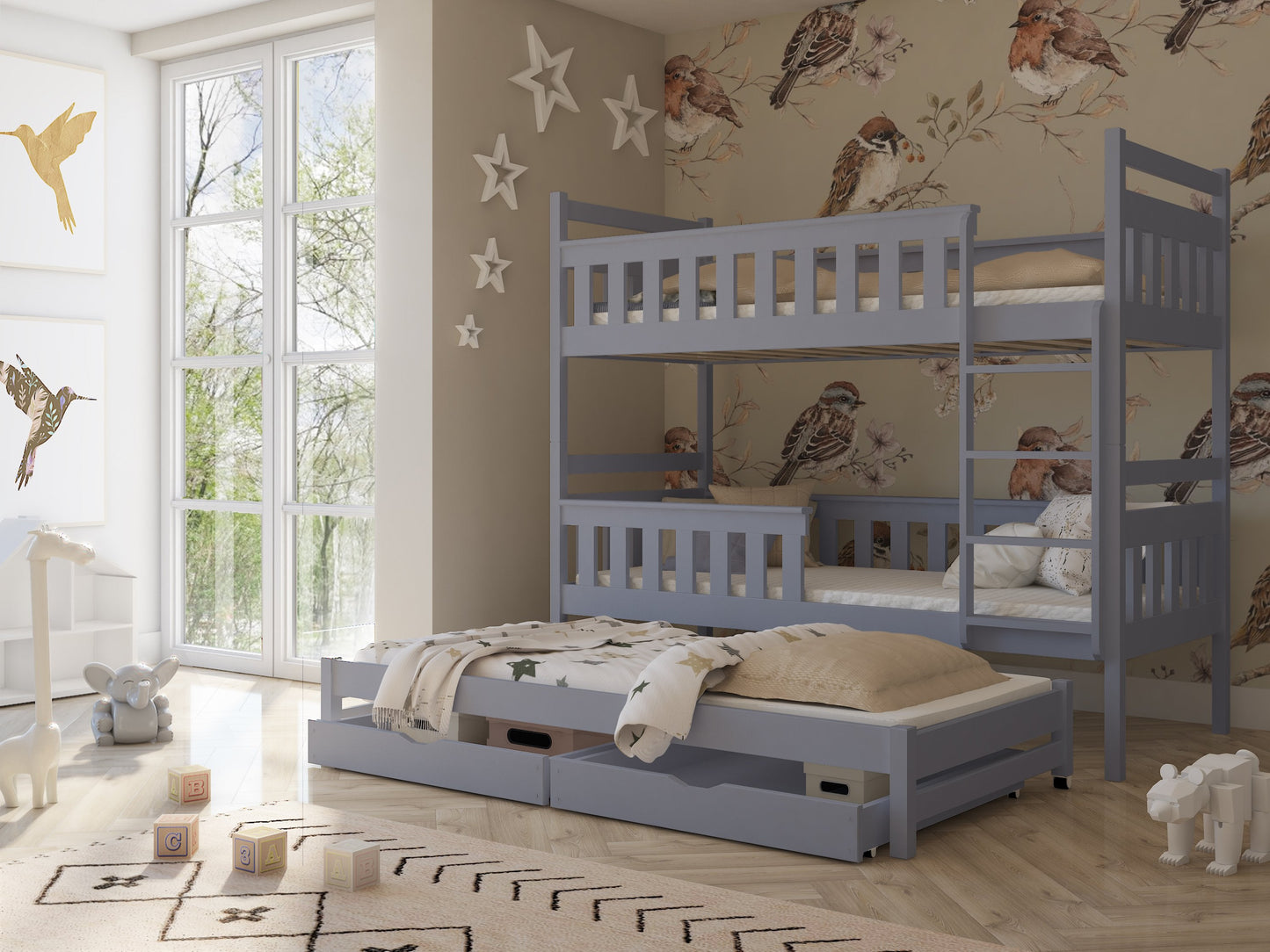 Wooden Bunk Bed Kors with Trundle and Storage