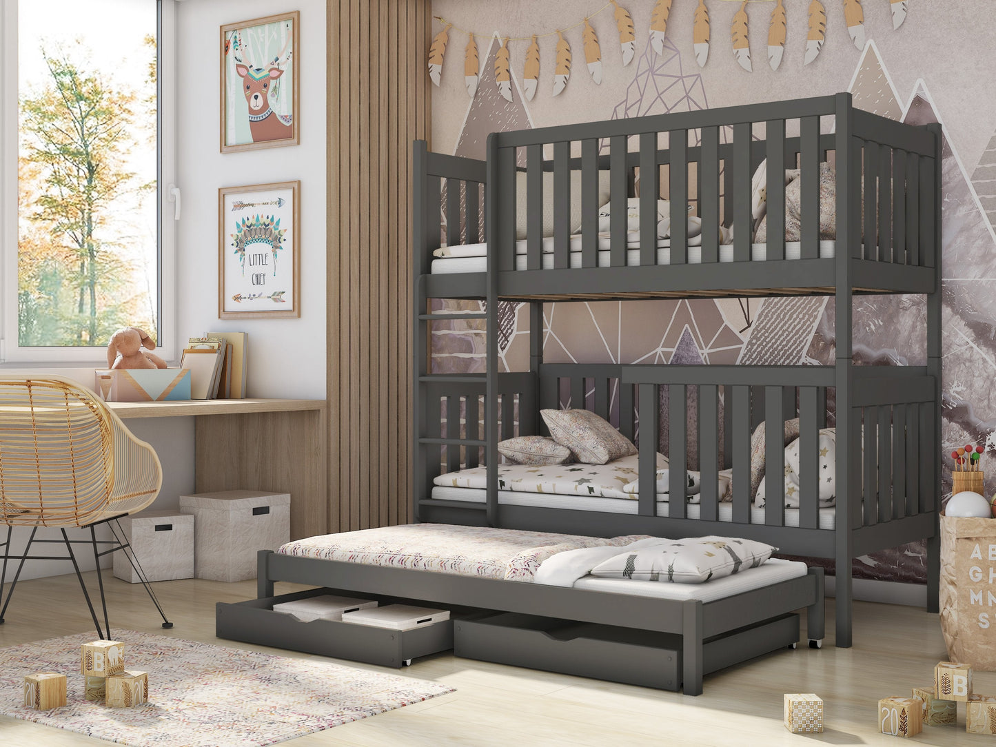 Wooden Bunk Bed Emily with Trundle and Storage