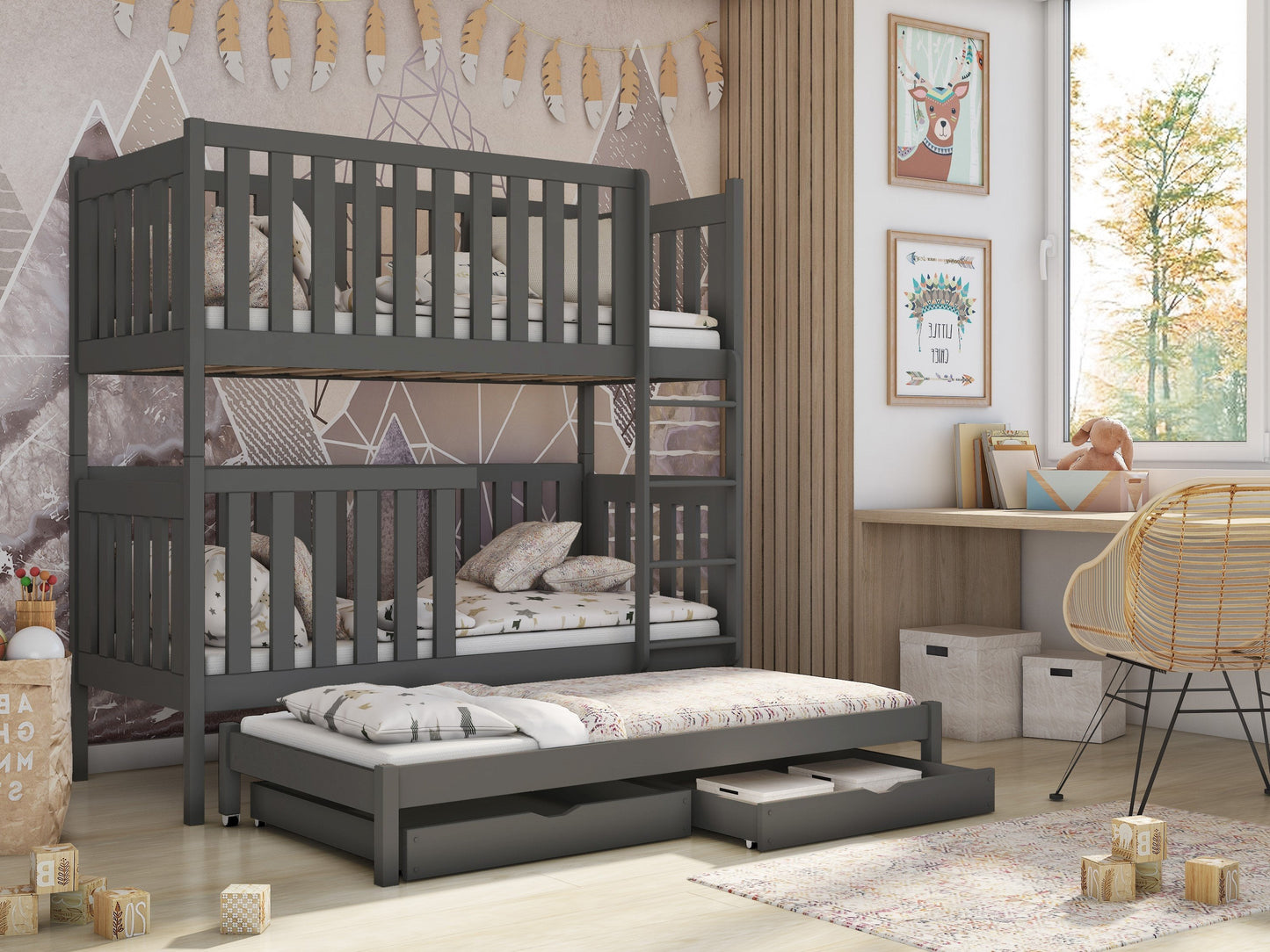 Wooden Bunk Bed Emily with Trundle and Storage